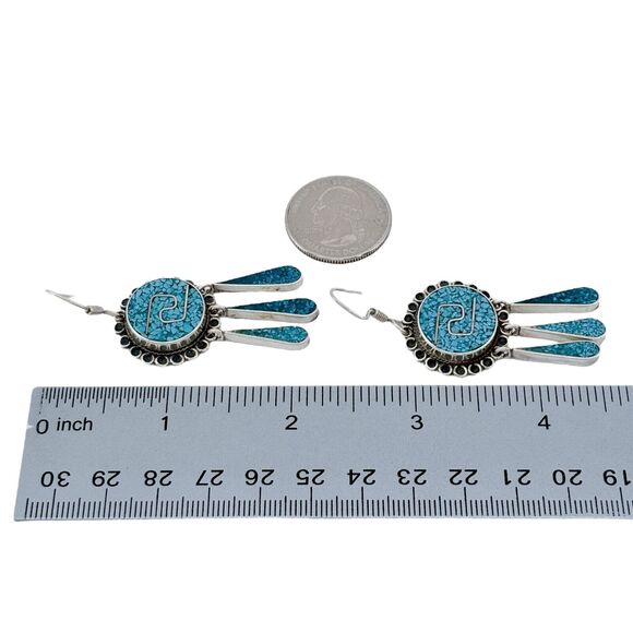 Estate Mexico Taxco TC-174 Sterling Silver 925 Turquoise Inlay Dangle Earrings - Picture 6 of 6